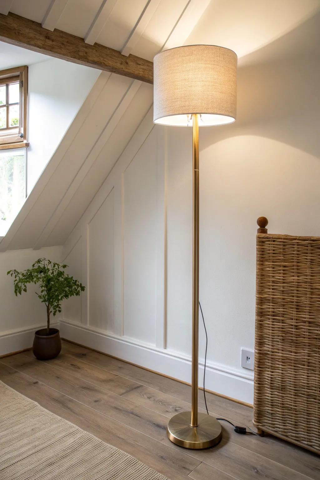 A corner uplight that bounces glow to the ceiling—instantly making small spaces feel taller.