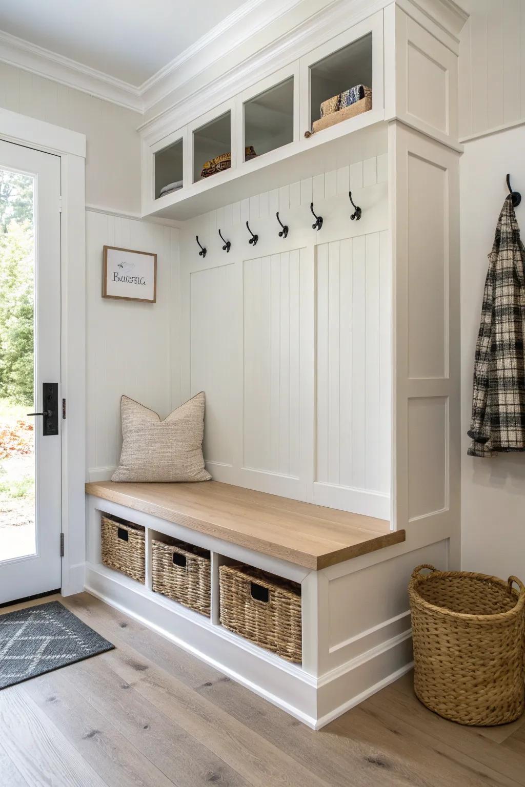 Board-and-batten trim makes a simple corner bench look custom and built-in—on a budget.