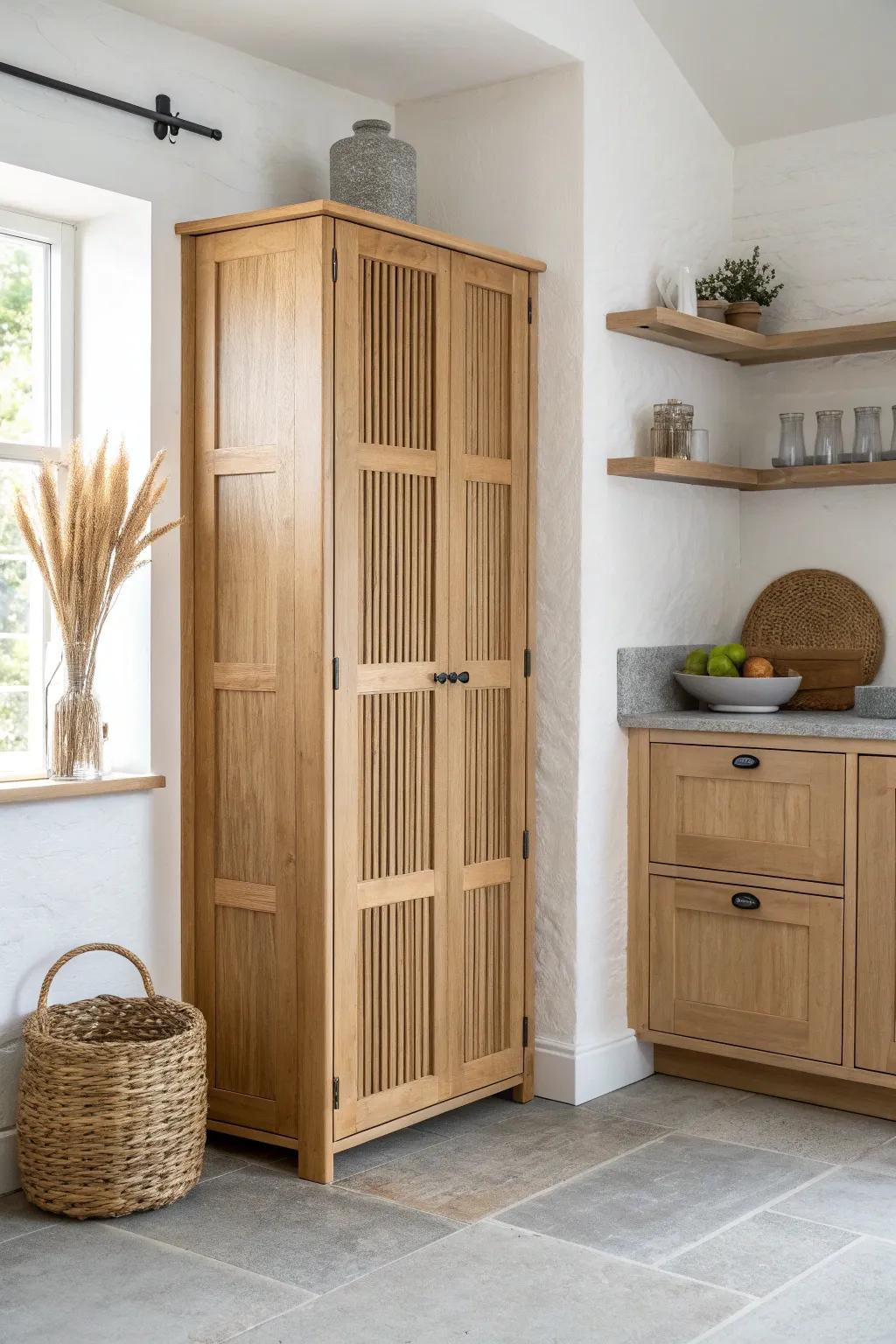 A 45° angled corner pantry door that looks intentional, saves space, and opens smoothly.