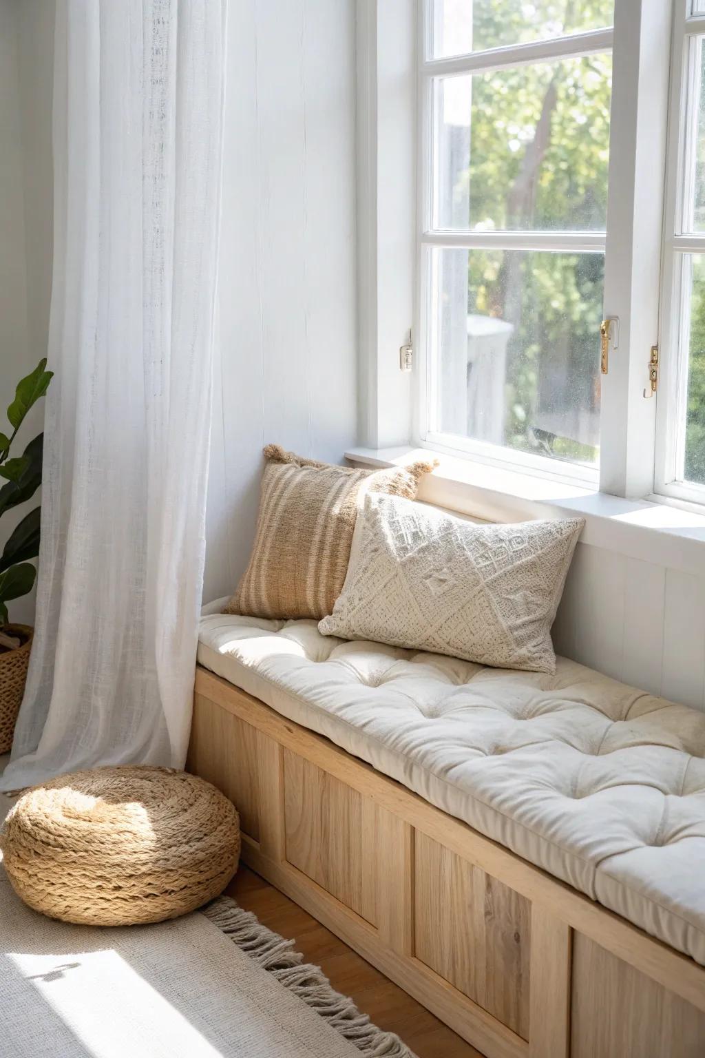 Window-lit corner nook: a slim linen bench cushion with sheer curtains for airy, cozy reading.