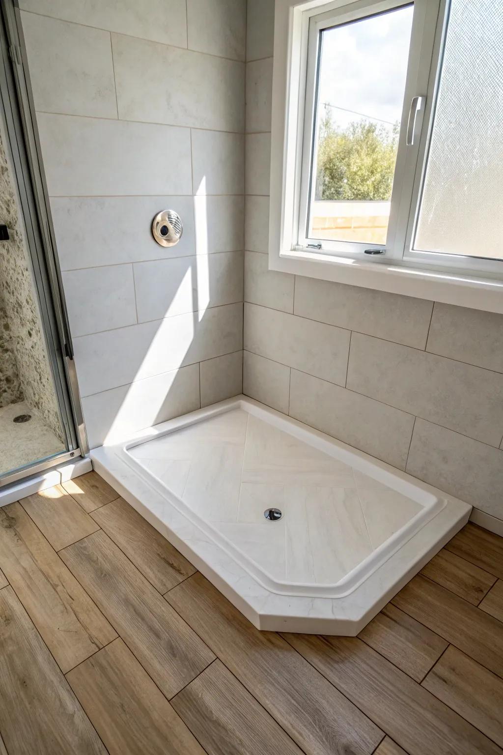 A neo-angle shower base trims the corner, freeing precious floor space in tiny baths.