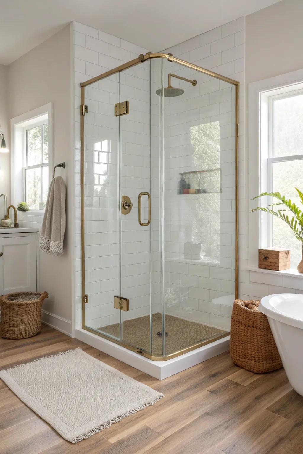 Neo-angle corner shower: the clipped front keeps pathways open in a narrow bathroom.