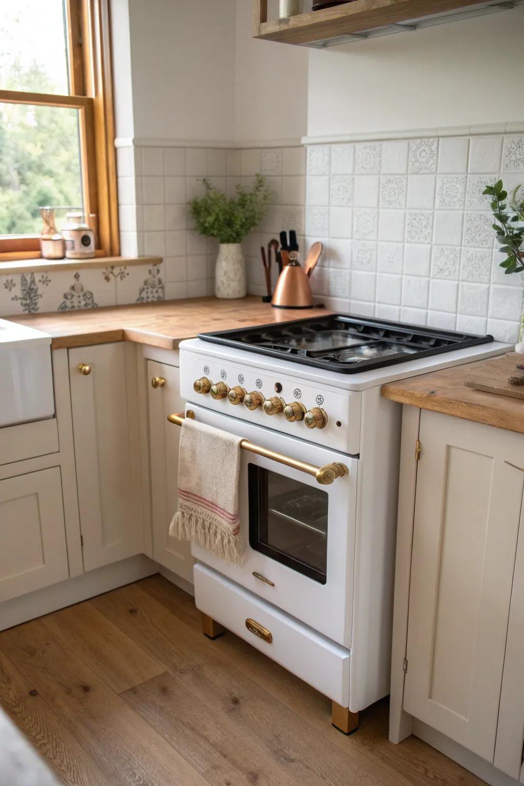 A corner range keeps the aisle open—add slim landing space on both sides for easy cooking.