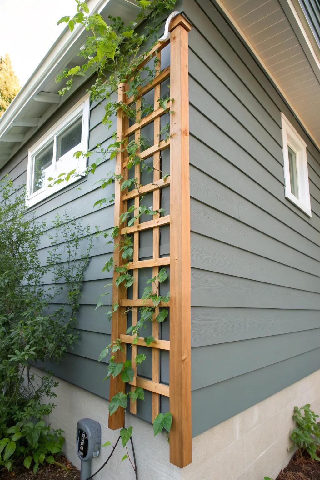 A wall-mounted corner trellis that softens harsh angles and hides the downspout—beautifully.