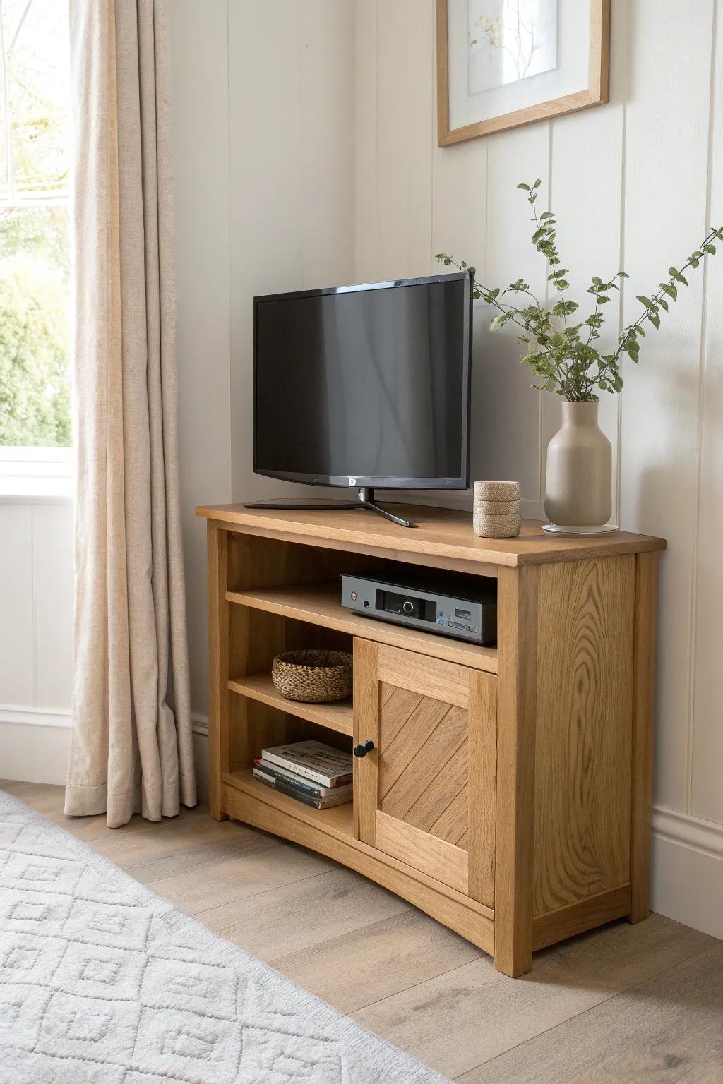A sleek triangular corner TV shelf in warm oak—perfect fit, zero clutter, more floor space.