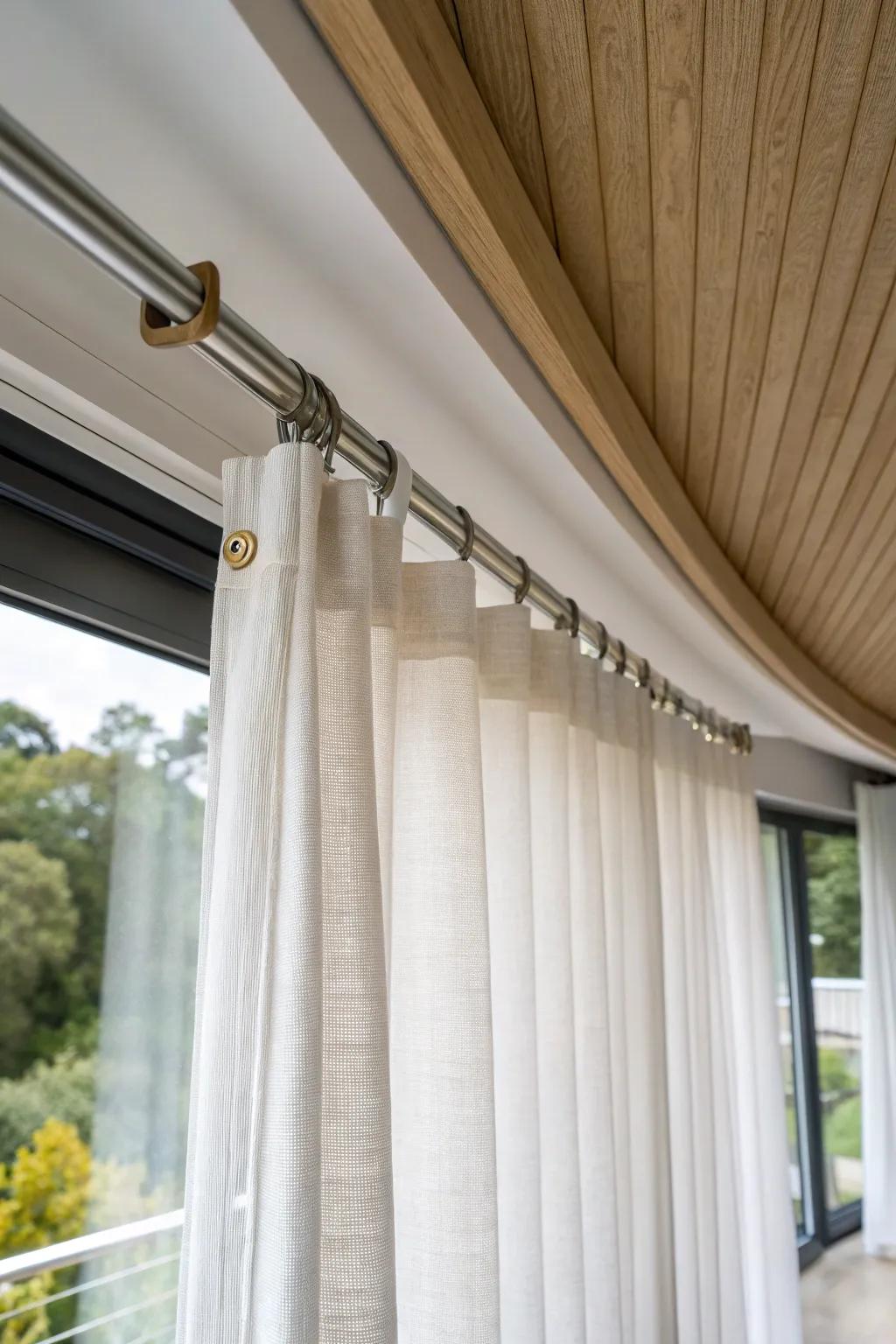 Ceiling-mounted track makes a corner window feel taller—smooth-gliding, clean, and airy.