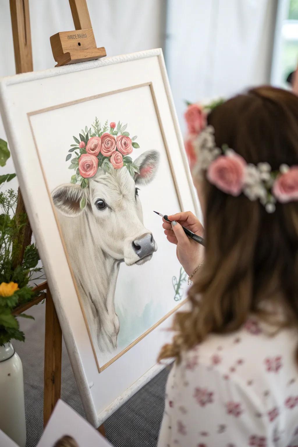 A touch of rustic elegance: A cow adorned with a floral crown, perfect for adding a dash of charm to any space.
