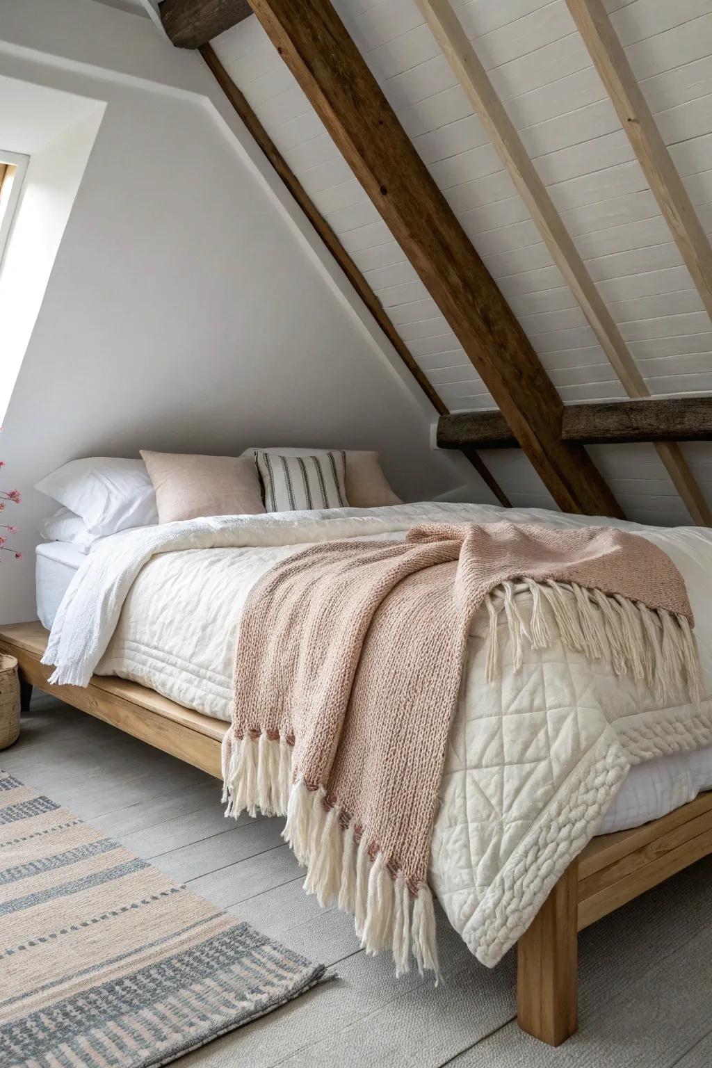 Stack rugs, quilts, and throws like a cozy sandwich to soften attic angles and add instant warmth.