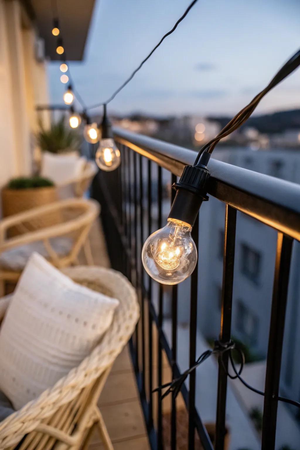 Warm string lights turn a tiny balcony into a golden nook—no extra floor space needed.
