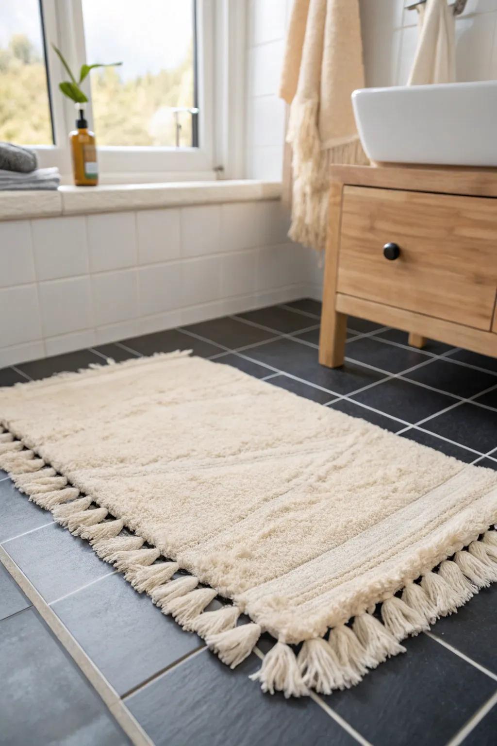 A plush handwoven bath mat brings instant warmth—cushy comfort that softens even the tiniest bath.