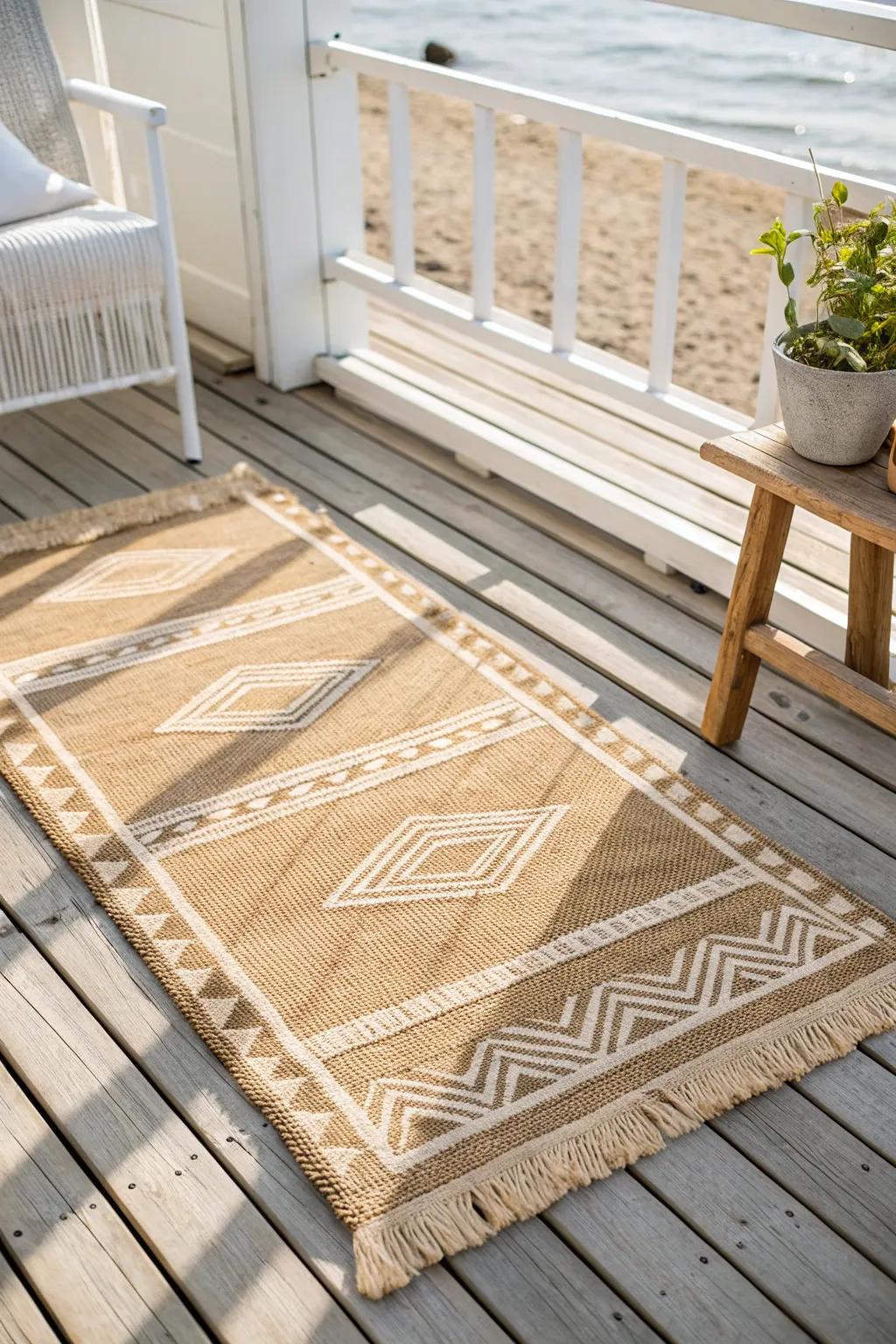 A textured outdoor rug instantly warms a small deck, defining a cozy lounge zone.