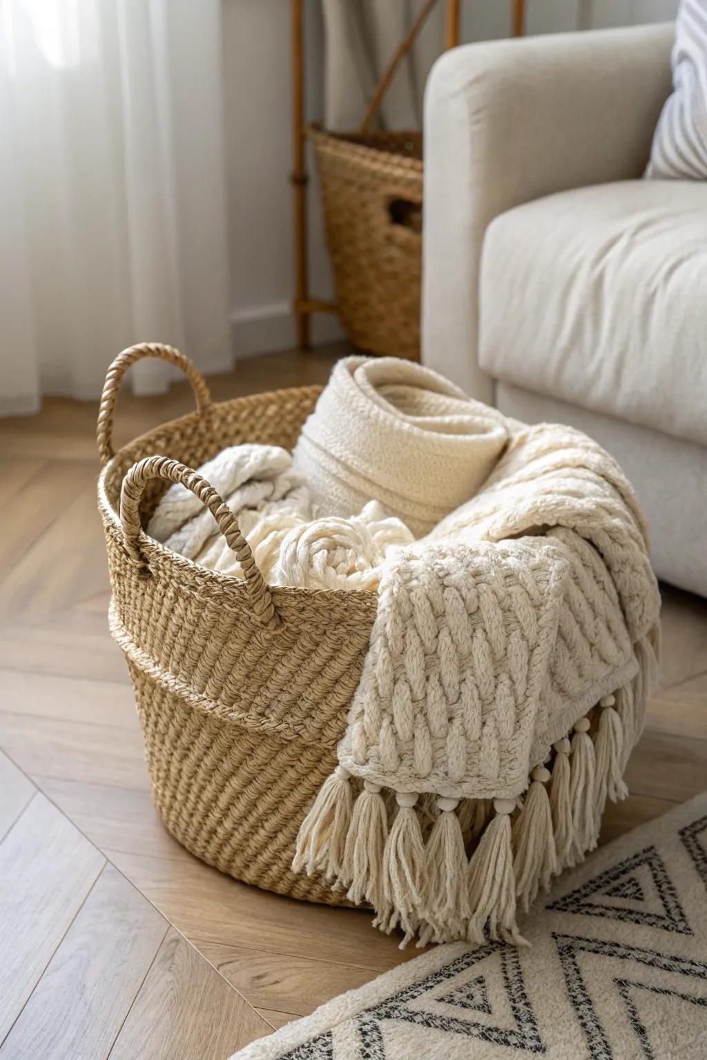 A grab-and-go basket of chunky throws—instant cozy for a small den with minimal clutter.