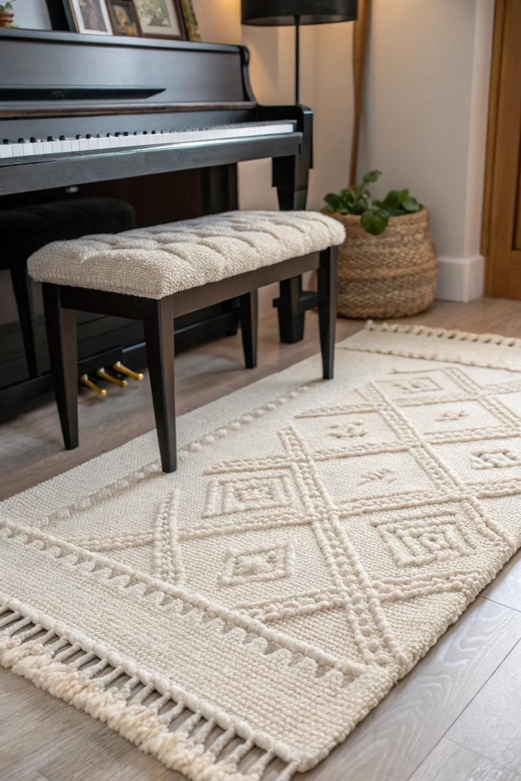 Layer a plush wool rug with a slim jute topper to instantly cozy up your small piano corner.