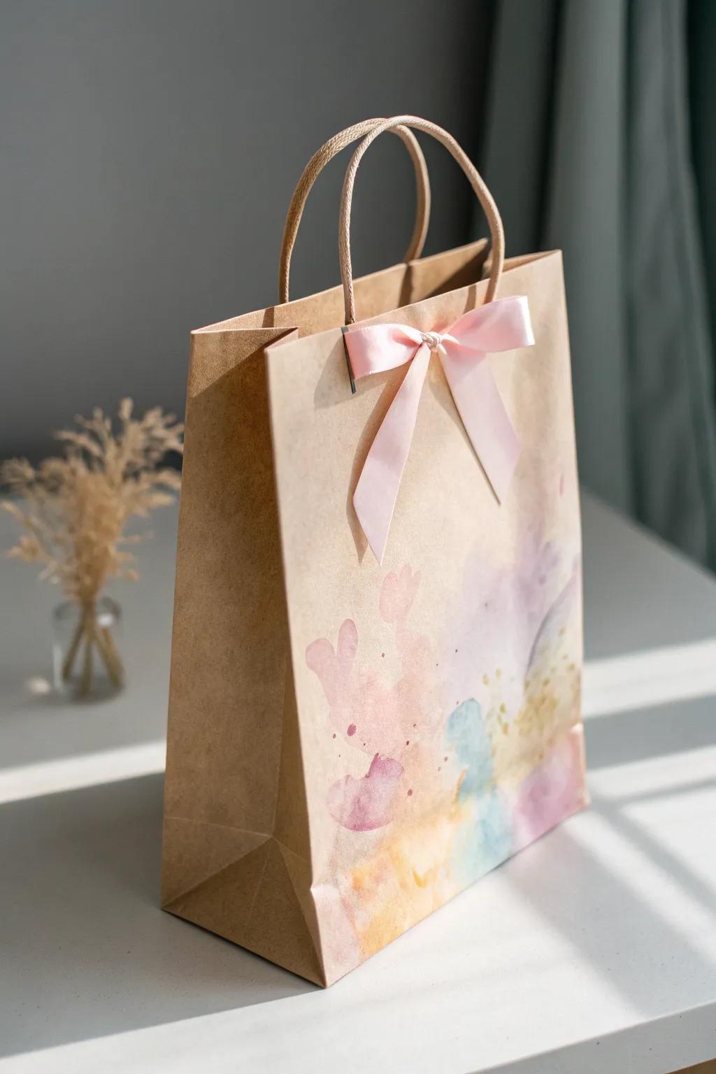 Transform simple paper bags into chic, personalized gift wraps with a touch of paint and ribbon elegance.
