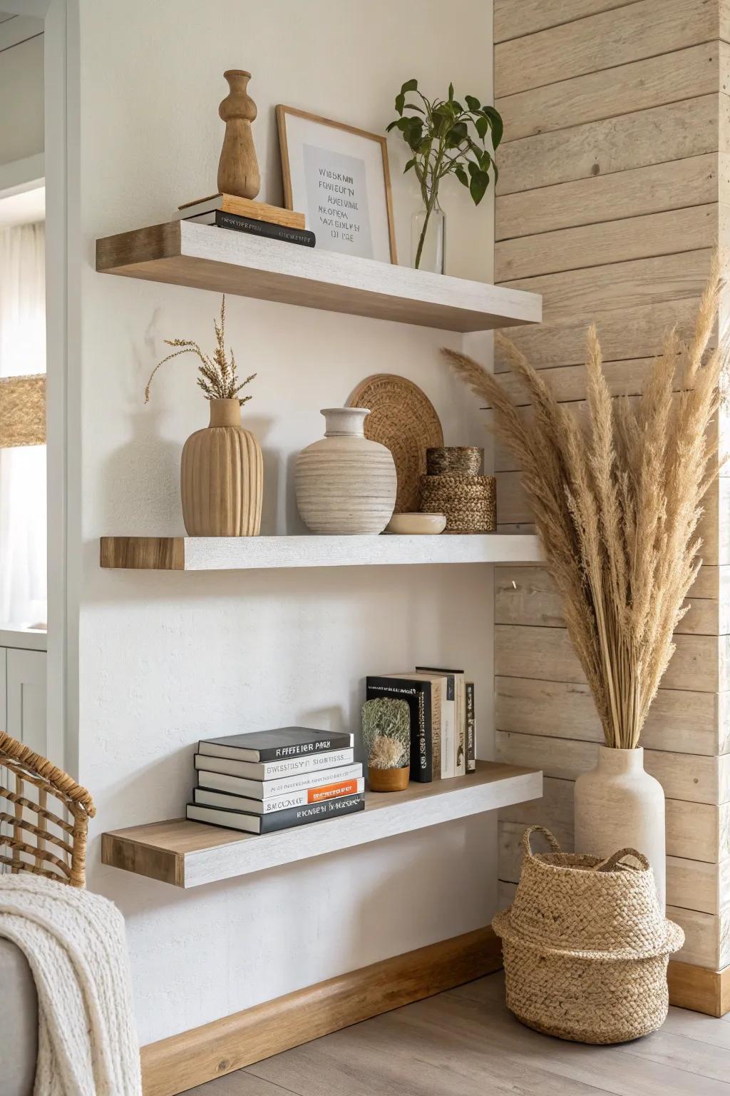 Staggered floating shelves keep walls light and styled—perfect for small-space book storage.