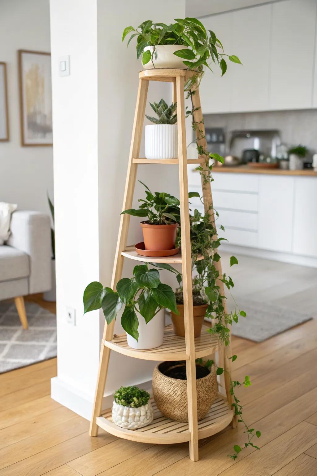 A slim corner tiered plant stand turns unused space into a calm, airy indoor jungle.