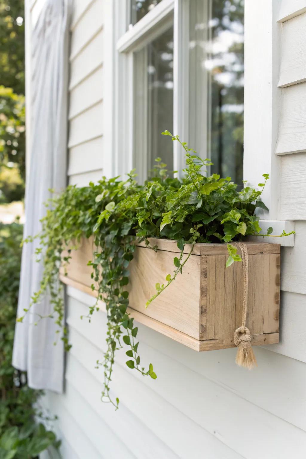 Bright Creeping Jenny spilling from a minimalist window box—instant cottage charm, zero floor space.