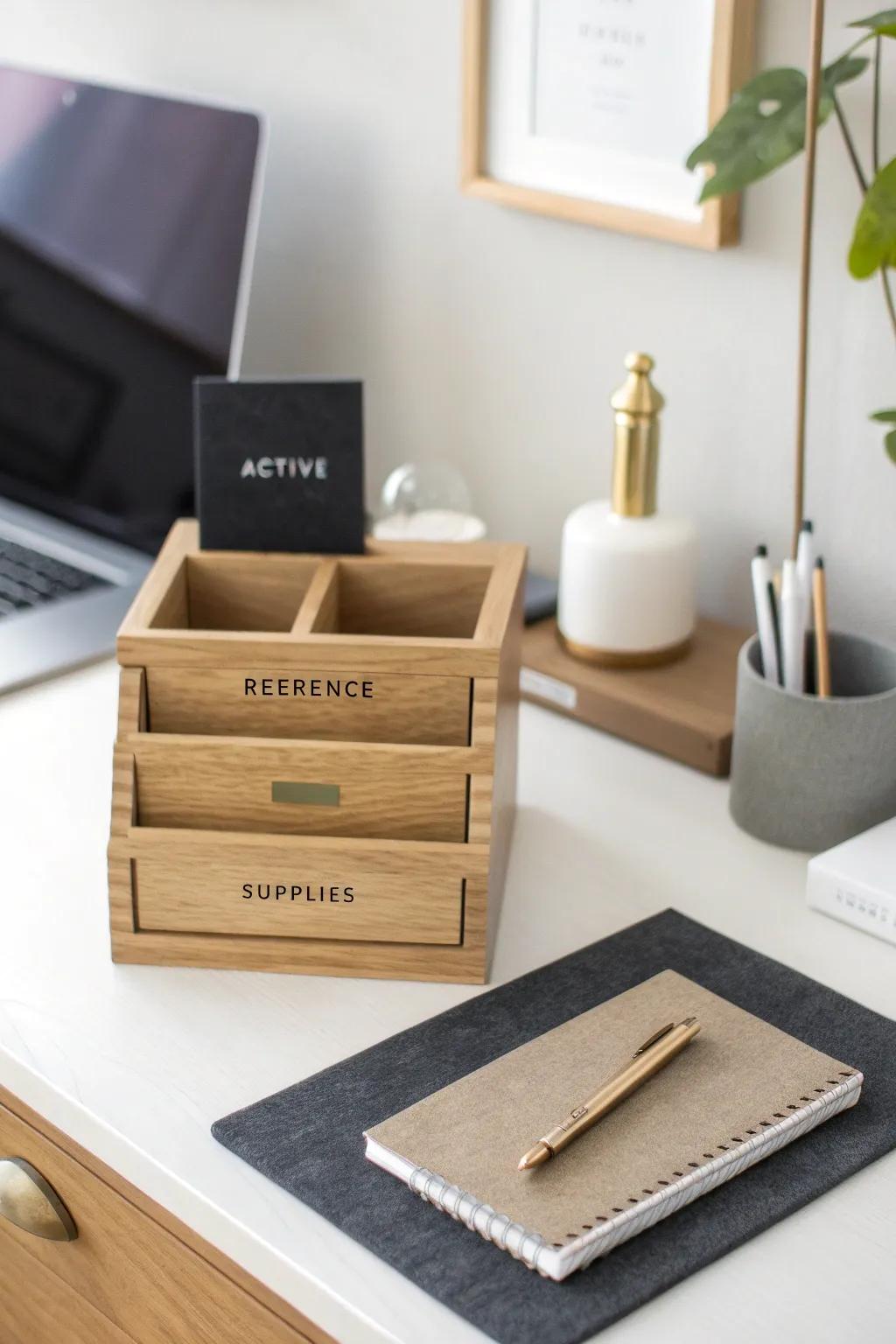 One organizer, three zones: active work, reference, and supplies—calm, clutter-free cubicle.