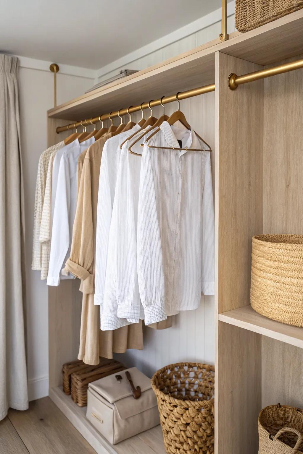 Double-hang rods in warm oak and brass—instant vertical closet space without clutter.