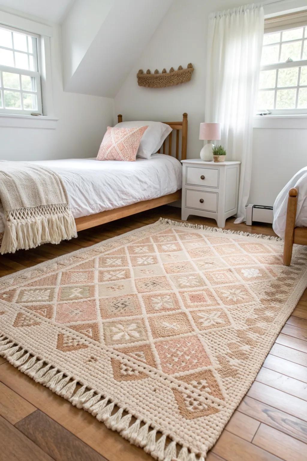 One oversized rug unites side-by-side beds, making a shared sister room feel cozy and calm.