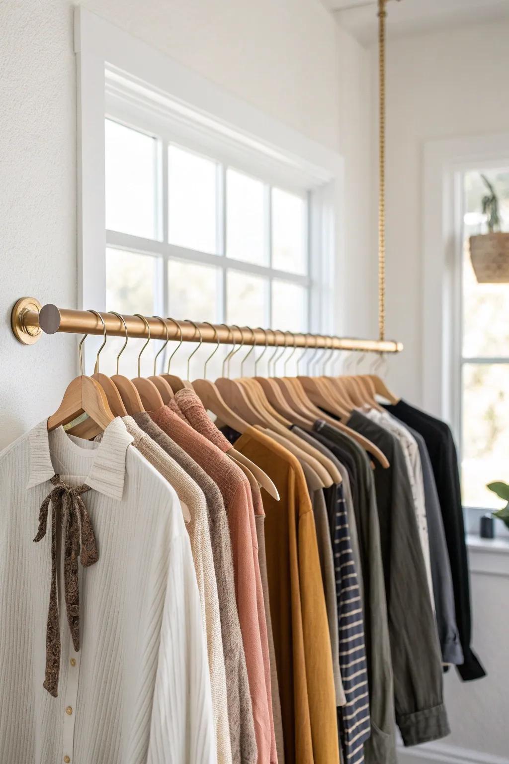 A simple light-to-dark clothing rainbow makes a tiny closet feel instantly bigger and calmer.