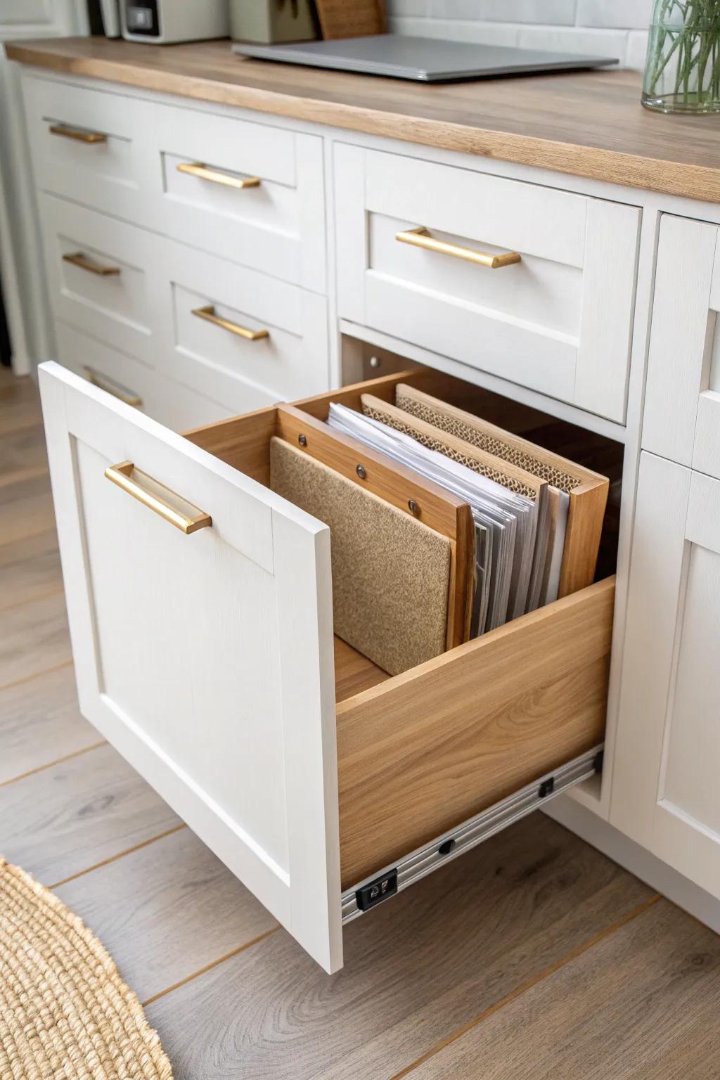 Skinny pull-out file keeps cutting boards upright—no more daily cabinet avalanches.
