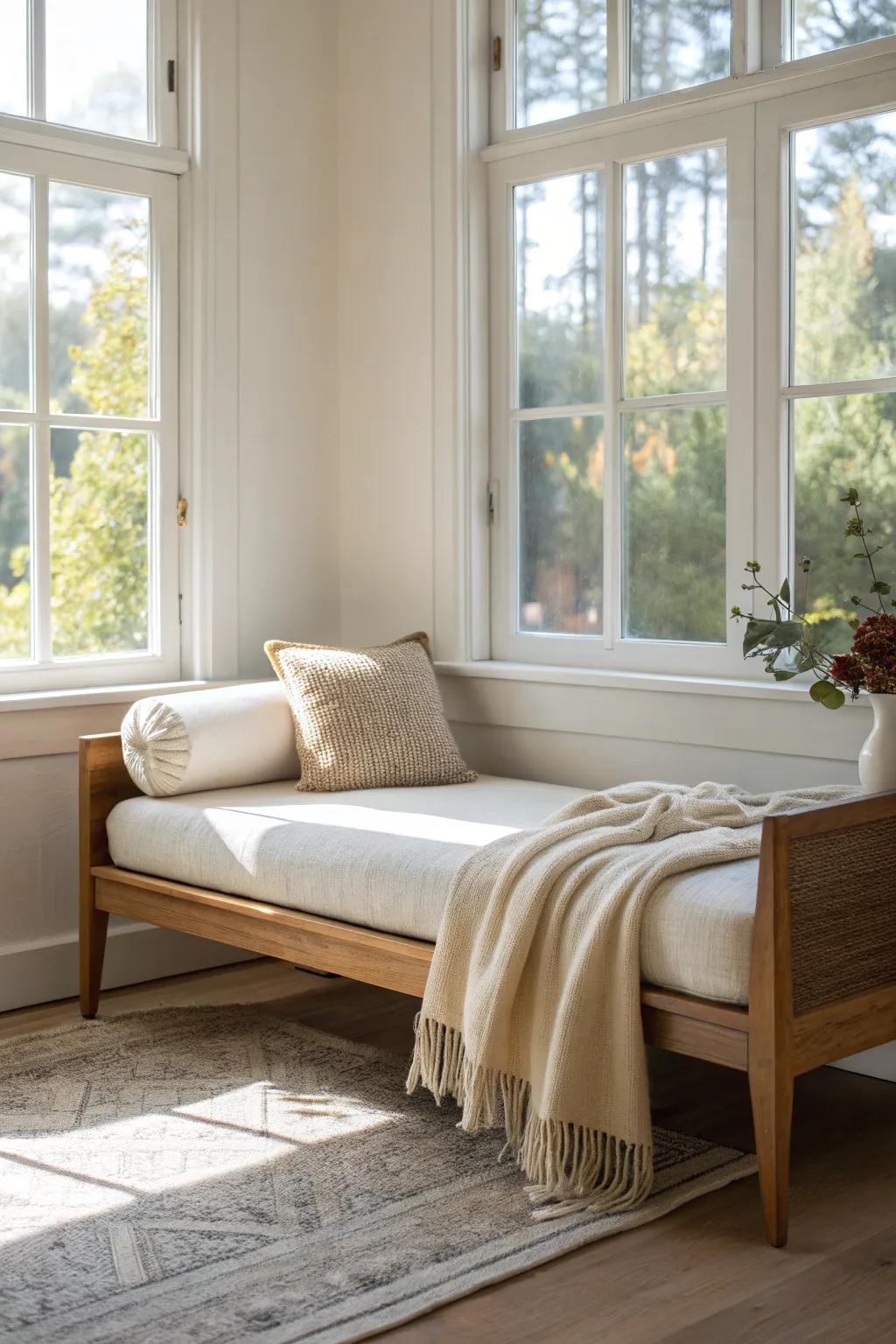 A daybed under the window turns a tiny living room corner into a bright coffee-and-book retreat.