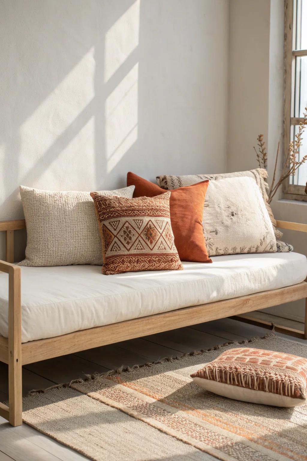 Layer big to small: oversized linen pillows behind, petite textured accents in front.