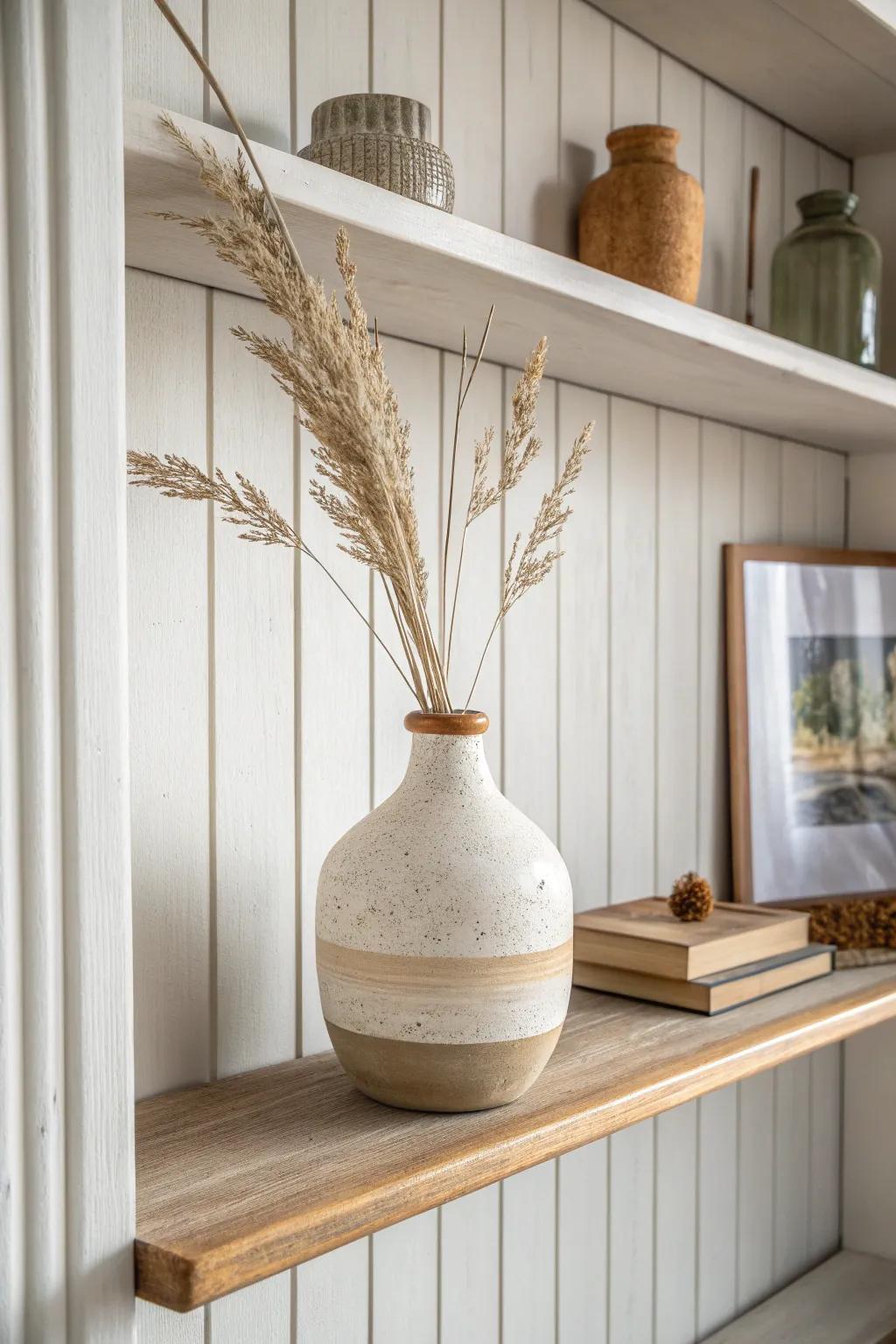 A simple color story: warm wood + soft whites with one terracotta accent to unify shelves.