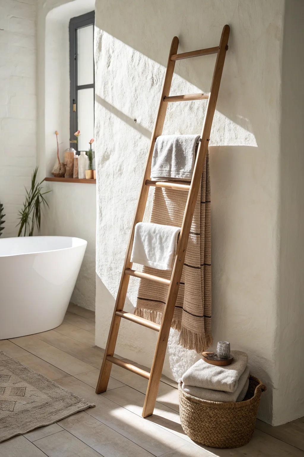 Small bathroom win: a decorative ladder keeps towels tidy, airy, and beautifully displayed.