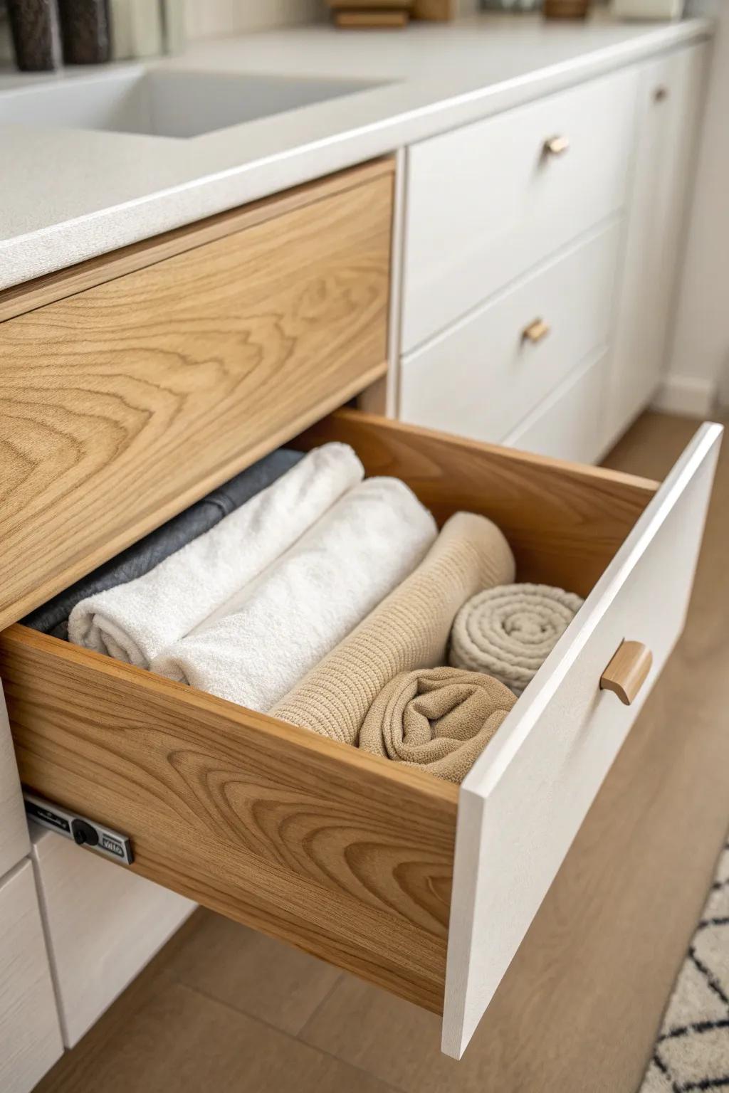 Use a pull-out drawer to zone the front for daily towels and the back for seasonal bedding.