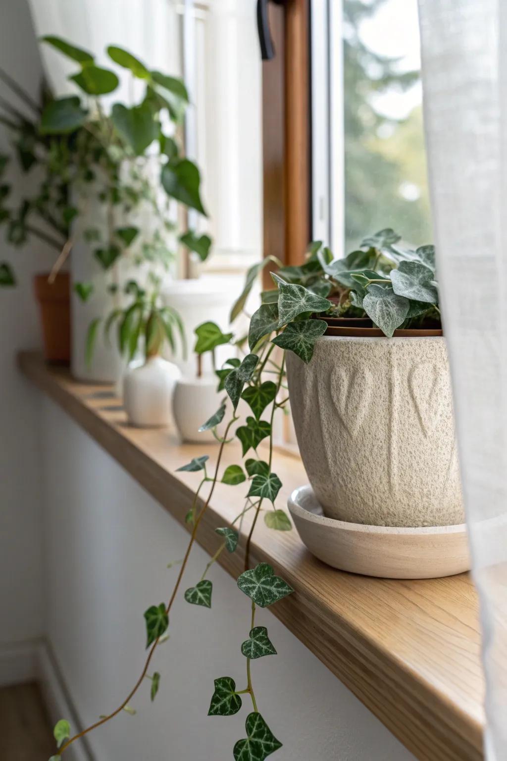 Turn a deep window ledge into a mini jungle with one trailing plant in a handmade pot.
