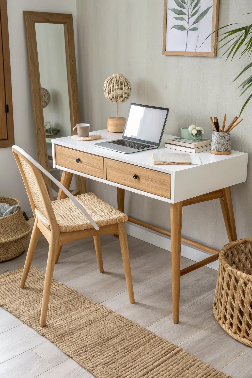 Split-zone desk + vanity: laptop left, mirror right—small-space calm with Scandinavian warmth.