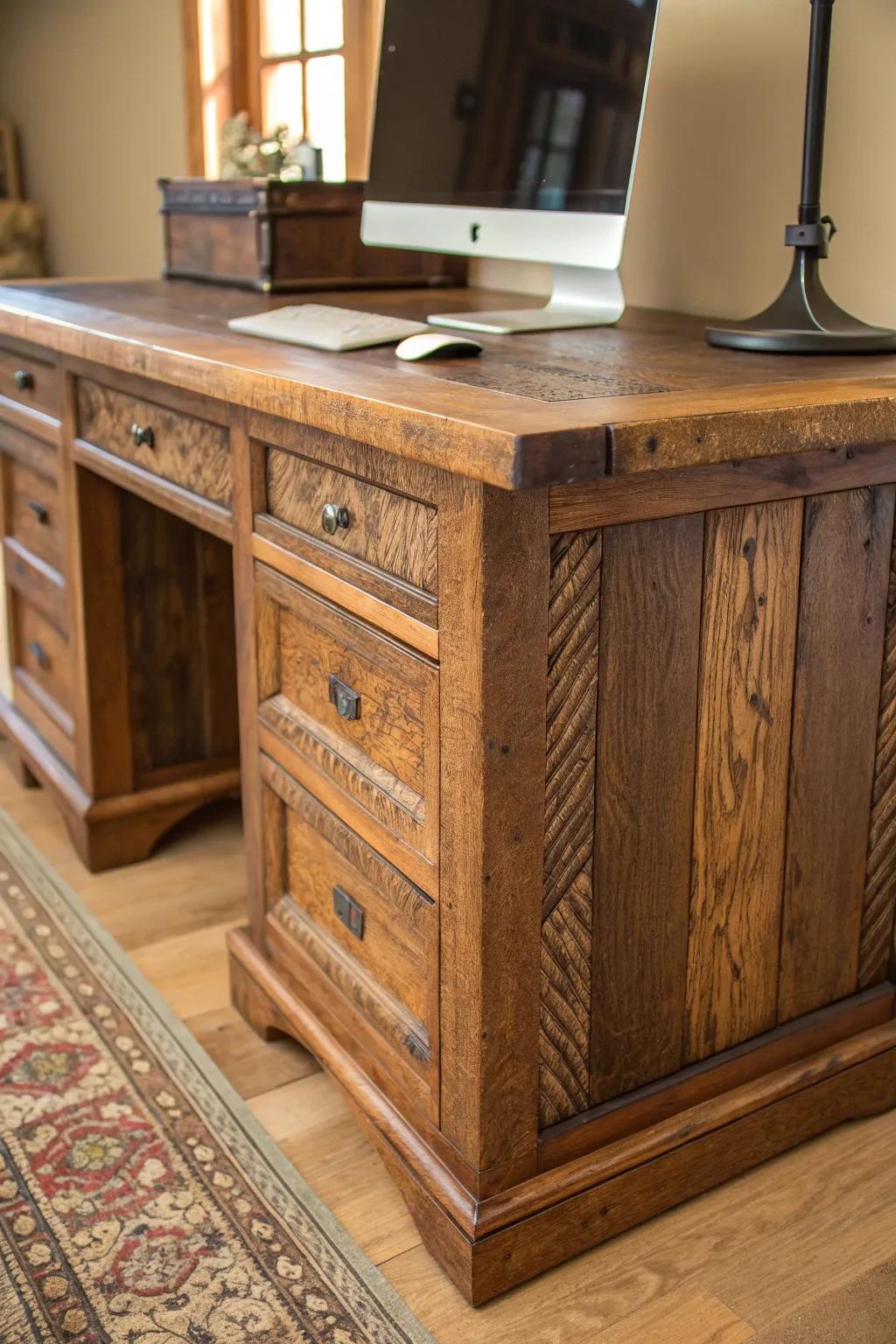 Embrace the rustic allure of reclaimed wood with this stunning desk base.