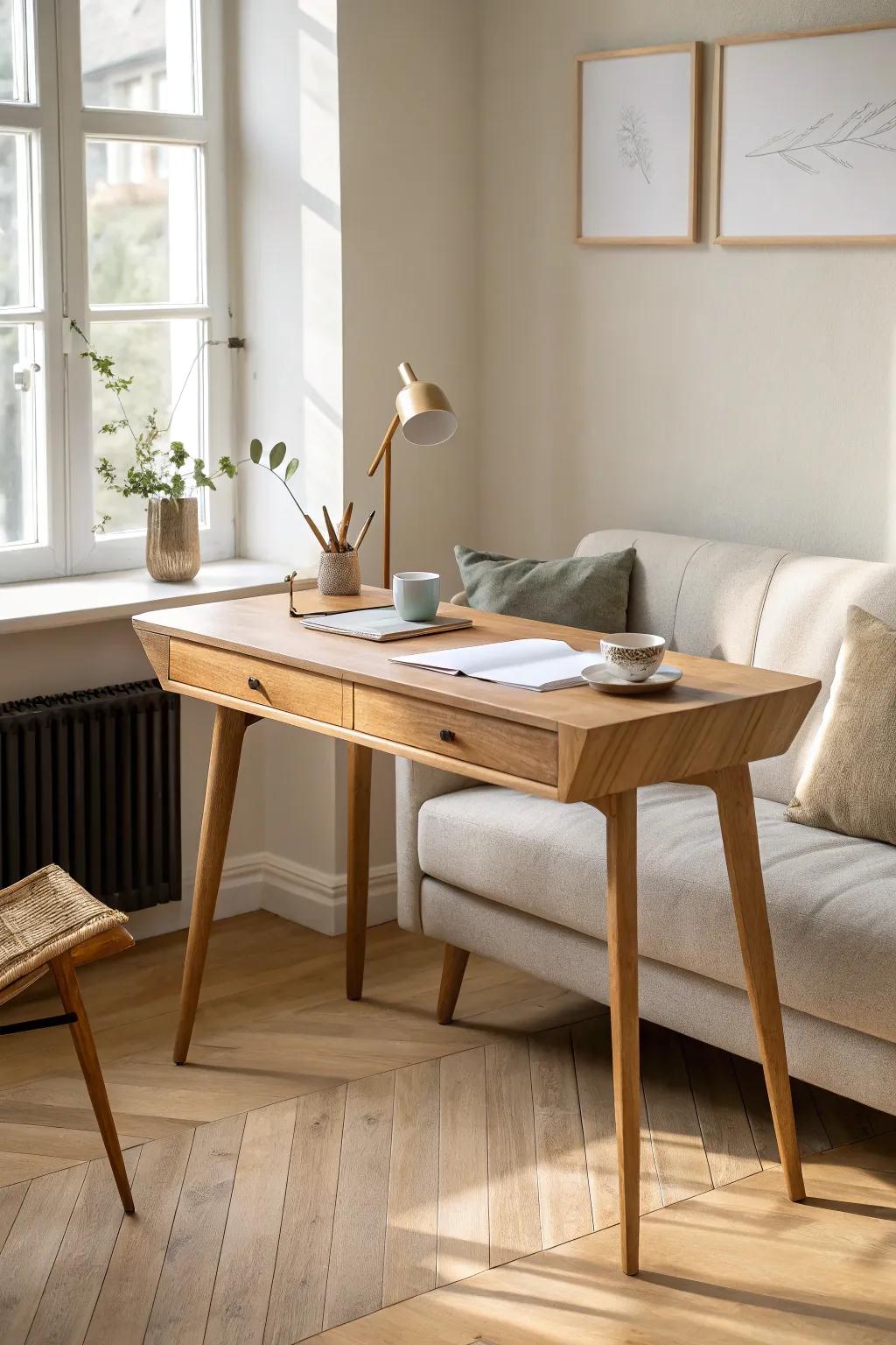 Slim writing desk behind the sofa—light, airy, and perfect for small-space work.
