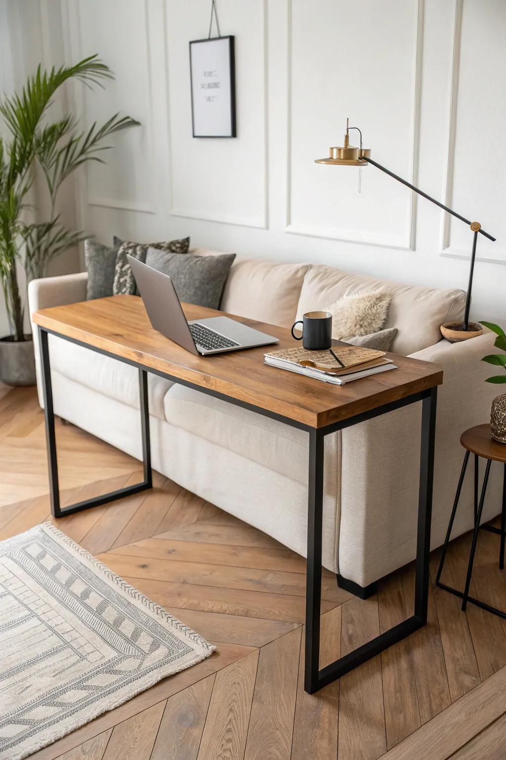 A slim behind-the-sofa console desk doubles as a sleek table and a calm, compact workspace.