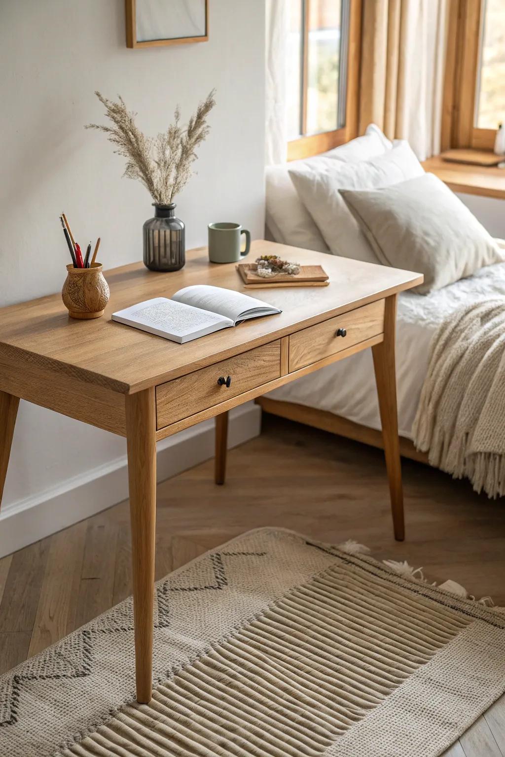 A shallow writing desk beside the bed keeps walkways open—cozy, not claustrophobic.