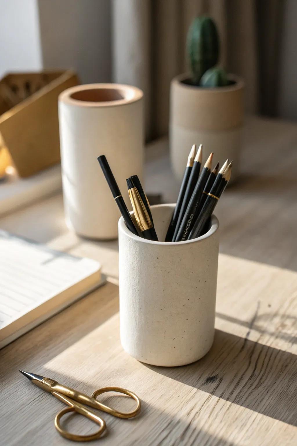 Matching cups turn desk supplies into decor—calm, cohesive, and effortlessly organized.