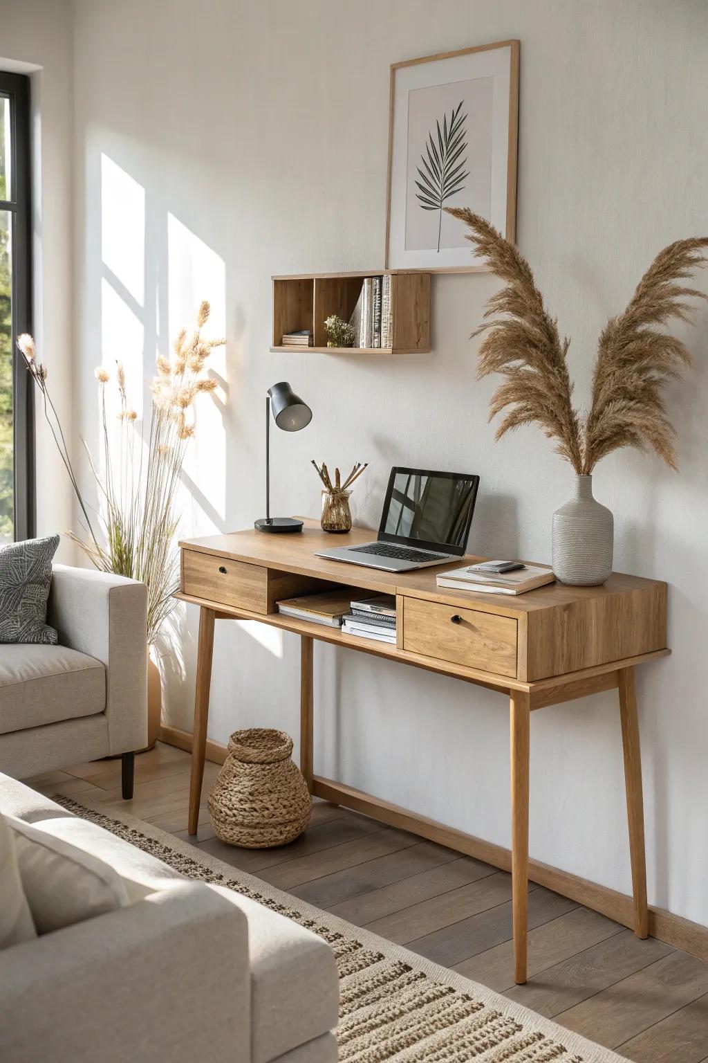 A slim floating desk behind the sofa doubles as a chic console and subtle room divider.