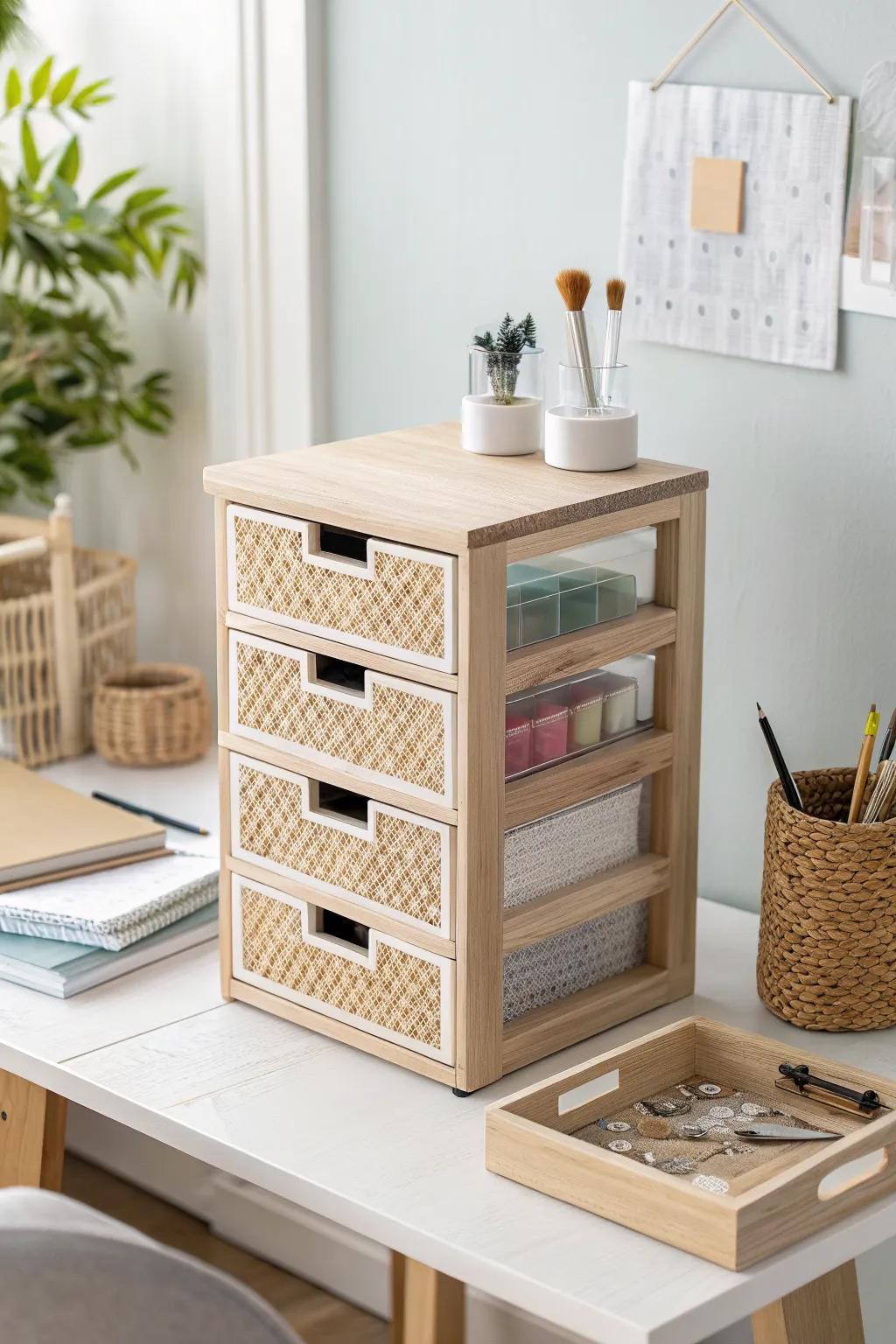 Stackable mini drawers keep diamond drills sorted by color family—tools always on top.