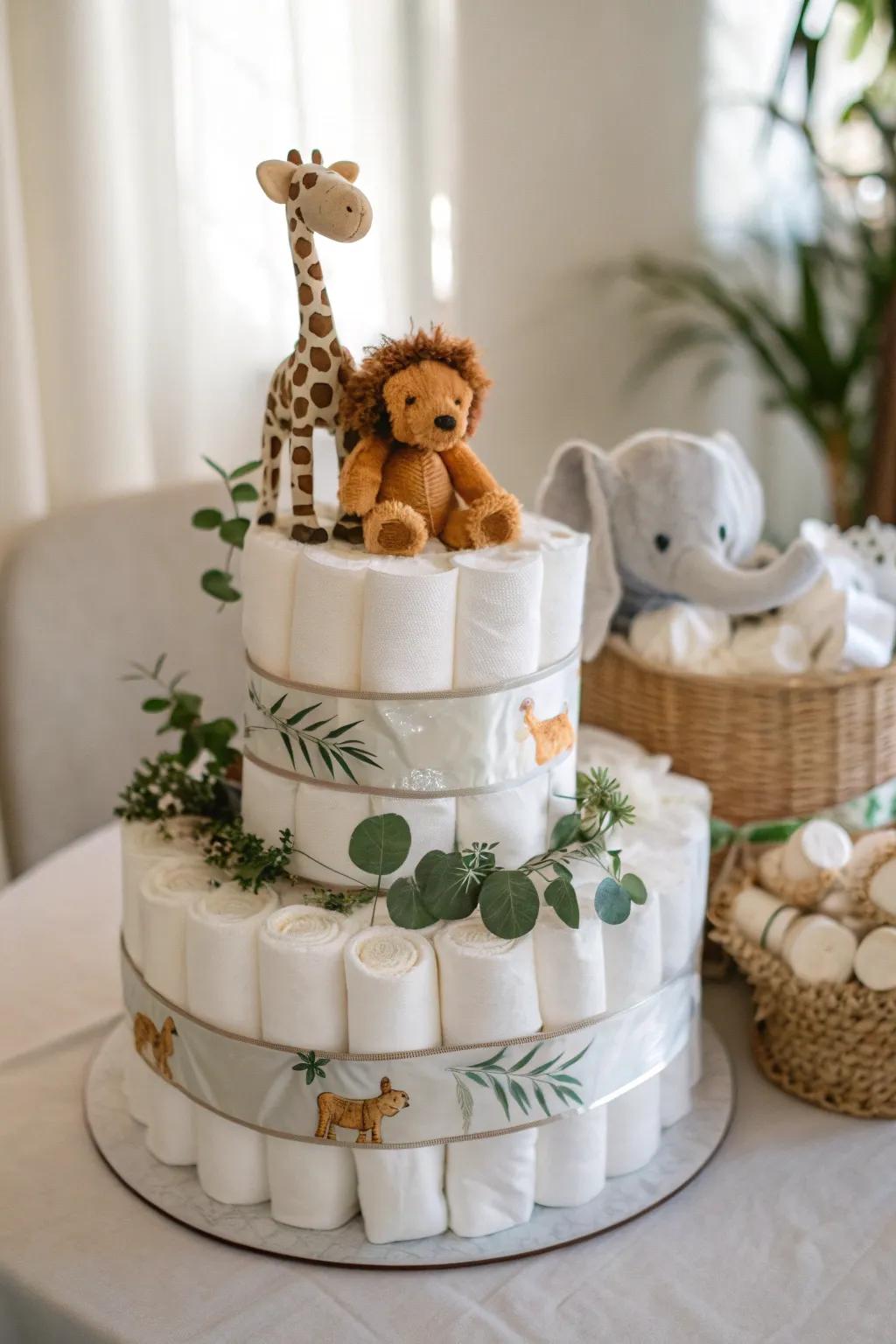 Embark on a Safari Adventure with this Chic Diaper Cake for Twins!
