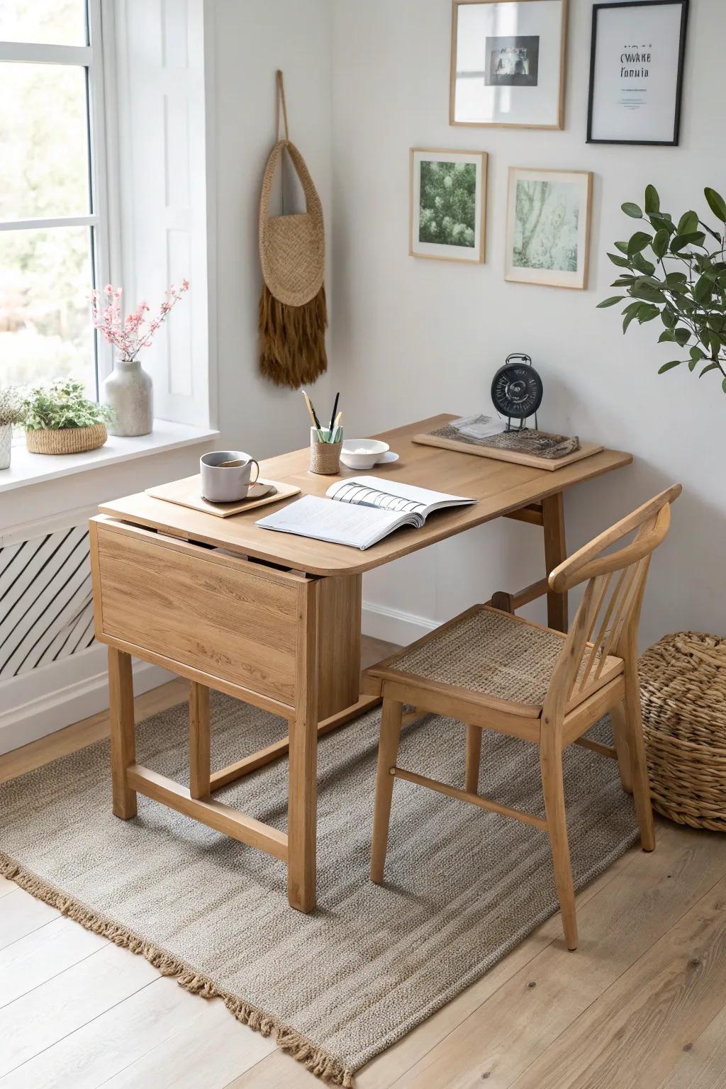 A drop-leaf table that shifts from desk to dinner in seconds—small-space magic, beautifully simple.