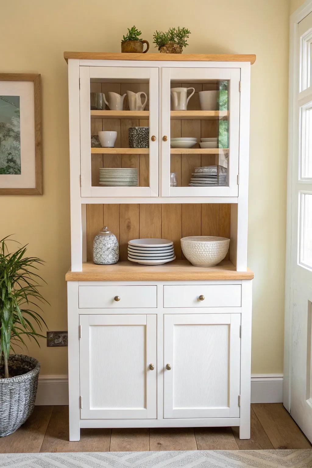 Go vertical: a tall hutch doubles dish storage while keeping your dining nook light and curated.