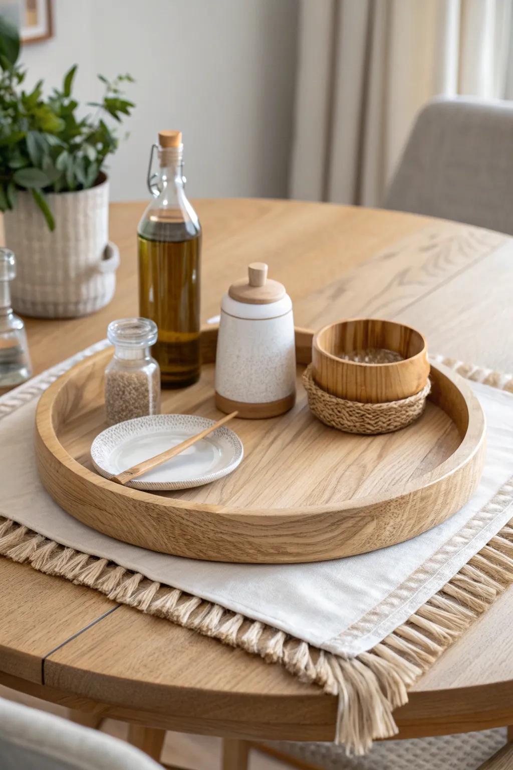 A sleek wooden lazy Susan keeps everyday condiments tidy, shareable, and space-smart.