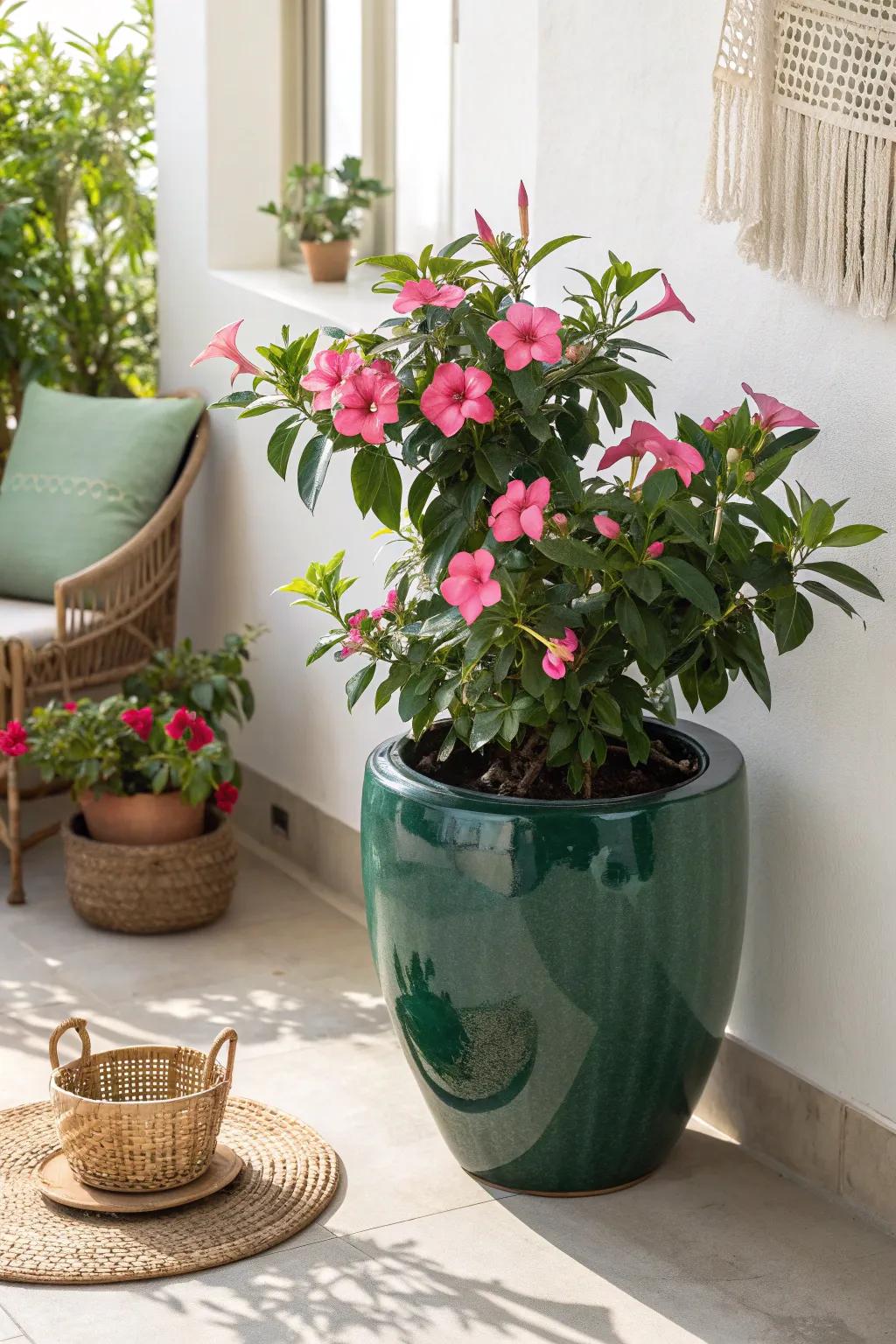 One glossy ceramic pot makes pink dipladenia pop—clean, high-impact style for small spaces.