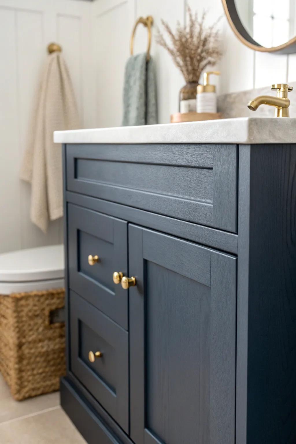 A deep, easy-clean paint shade instantly makes a budget vanity look custom and high-end.