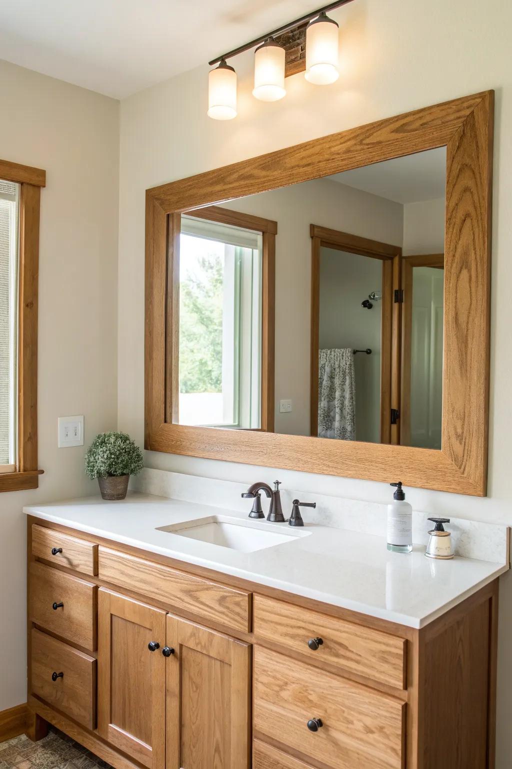 Turn a plain builder mirror into a custom-looking vanity focal point with a simple DIY wood frame.