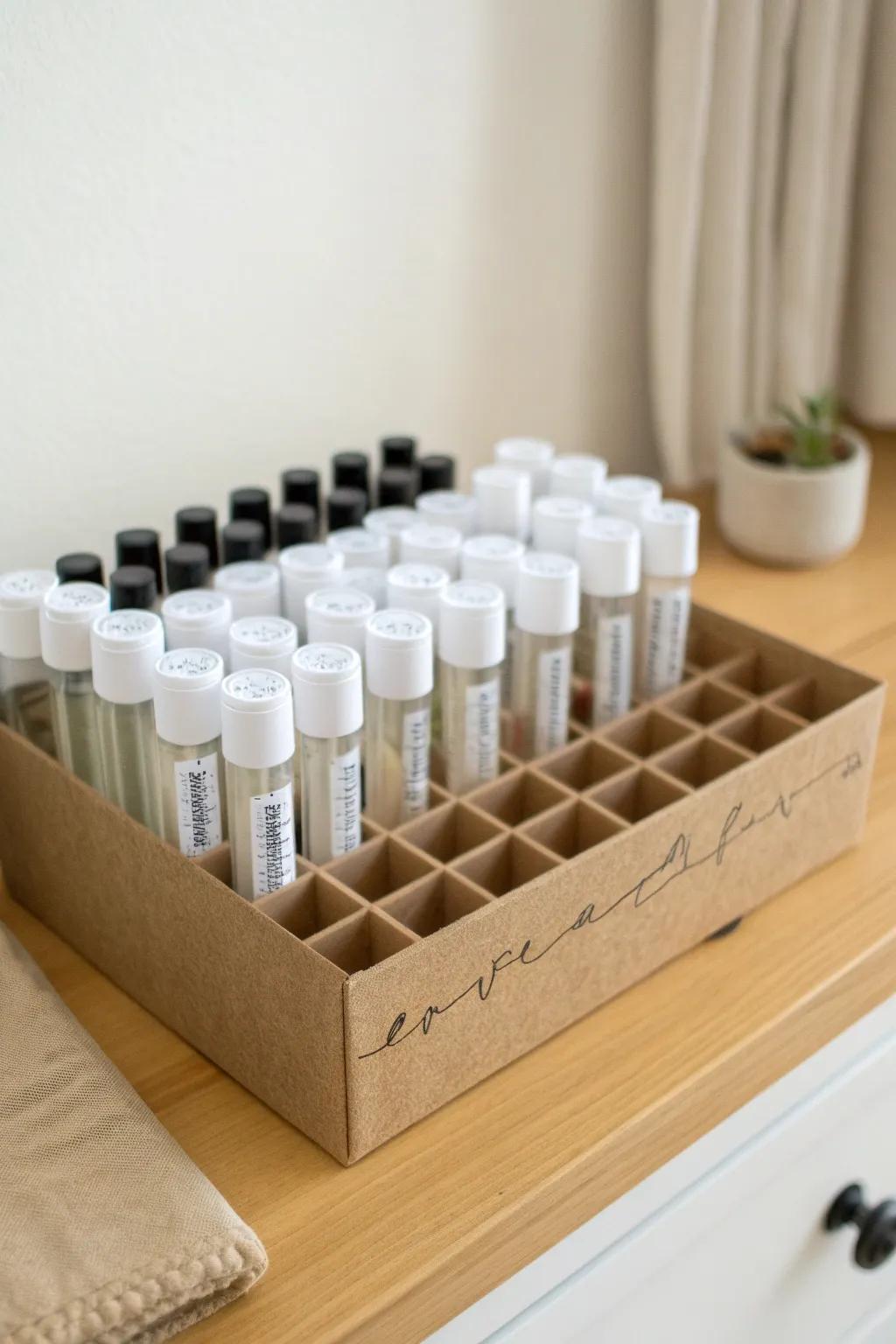 Labeled mini bead tubes in a shoebox divider tray—easy to spot colors, even on high shelves.