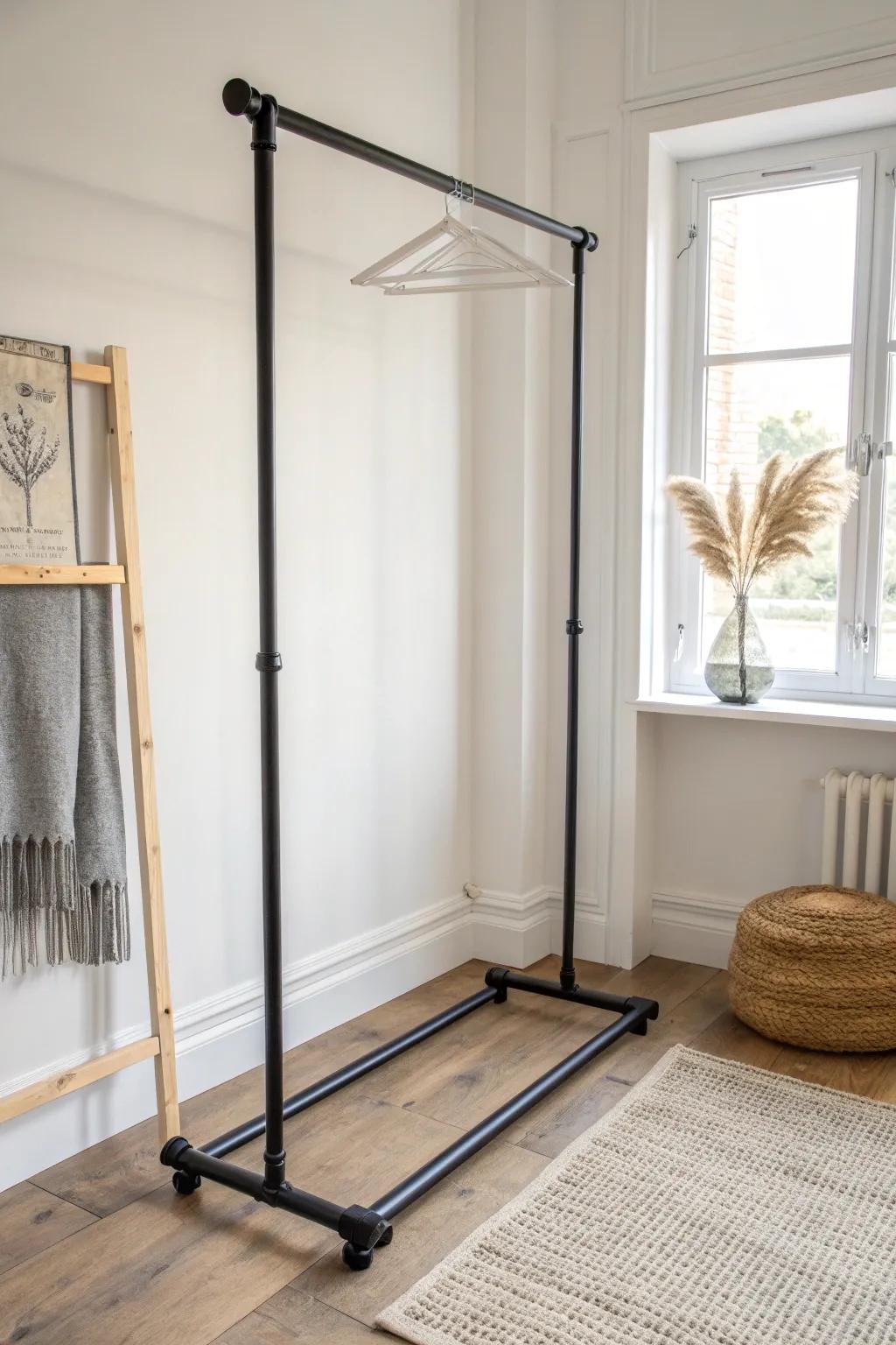 Minimal industrial pipe rack—sturdy, sleek, and perfect for small-space open storage.