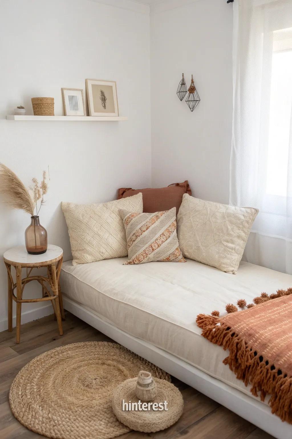 DIY wraparound pillow back turns a corner bed into a cozy sofa—perfect for tiny spaces.